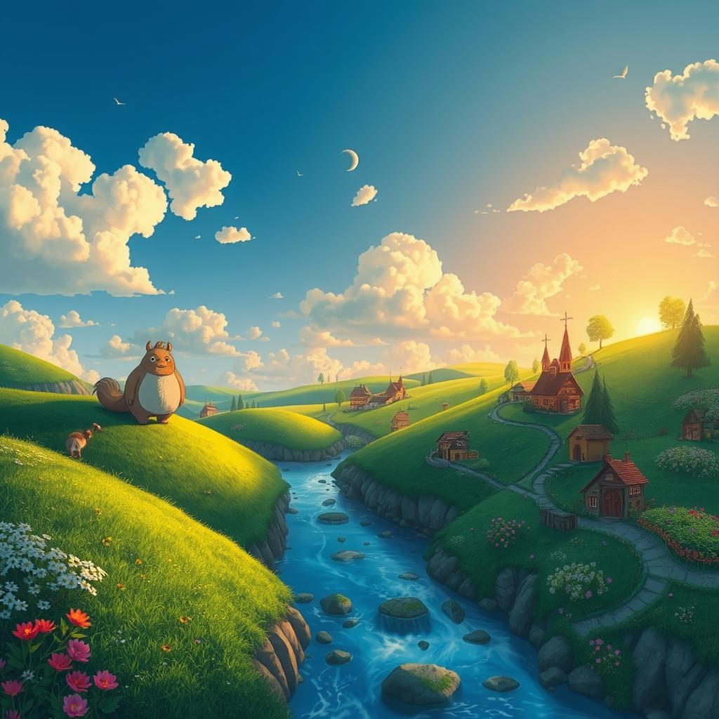 A whimsical and enchanting landscape inspired by Studio Ghibli, featuring lush green hills, a flowing river, and a quaint village with charming, colorful houses