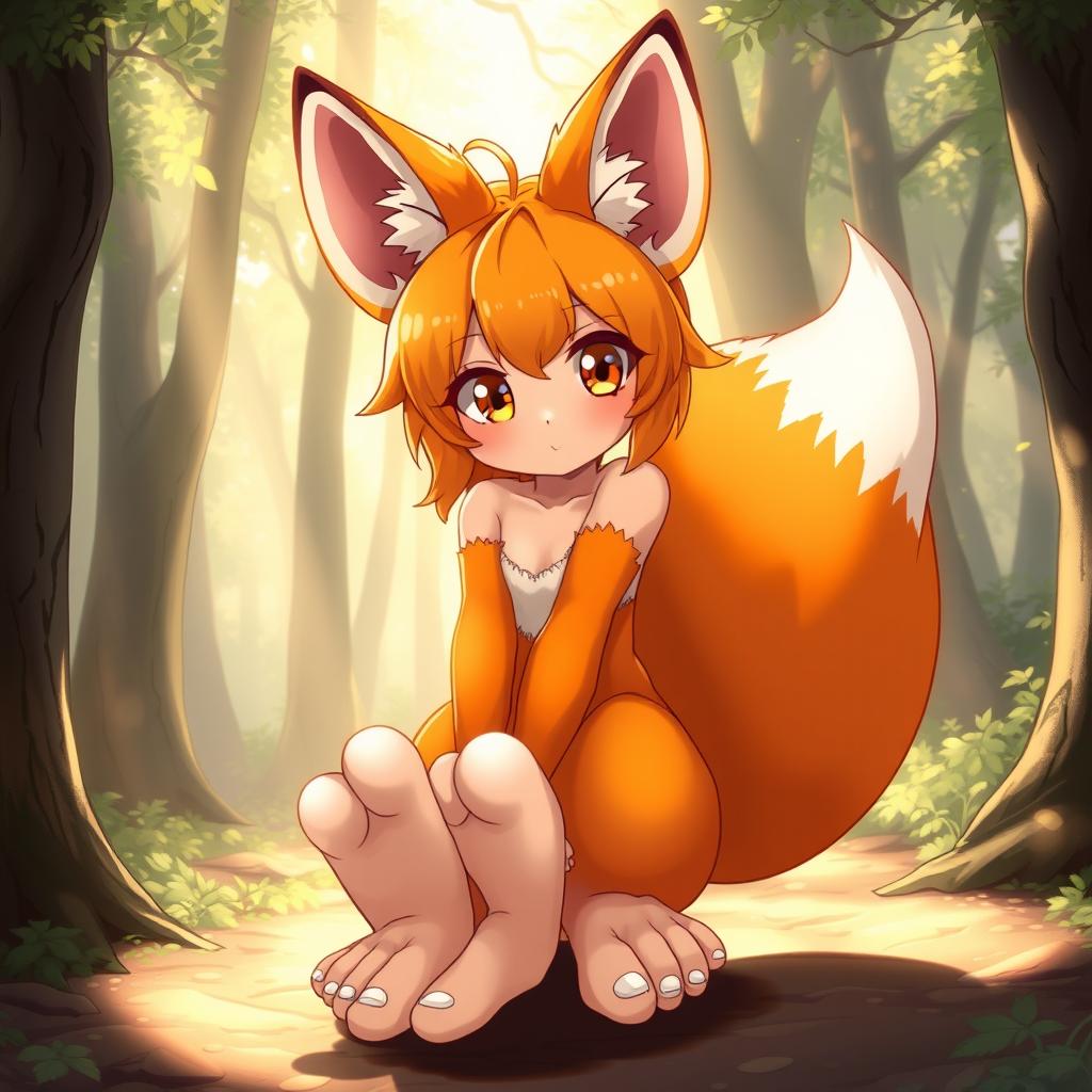 An 18-year-old anime fox girl with large, beautifully detailed bare feet