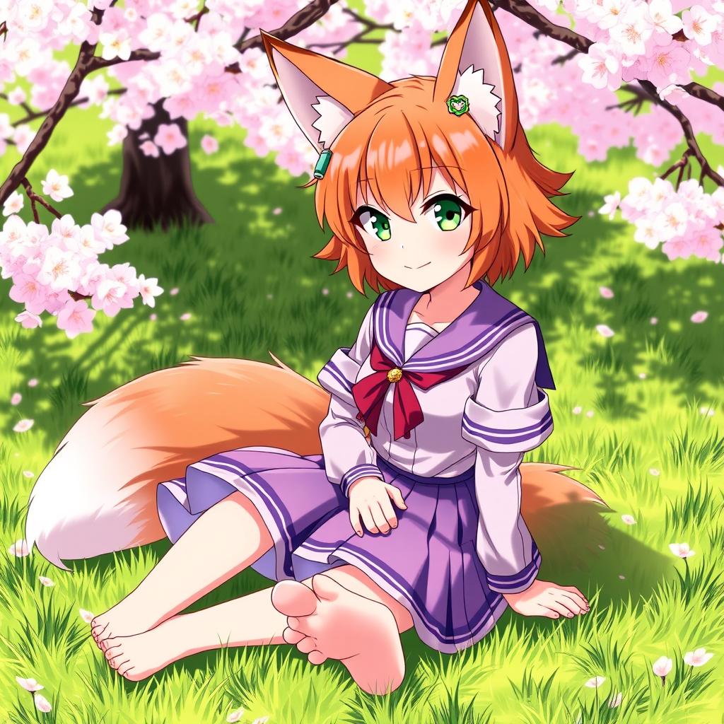 An 18-year-old anime fox girl with vibrant orange fur and bushy tail, wearing a traditional Japanese seifuku (school uniform) with a pleated skirt and a fitted top featuring a sailor collar