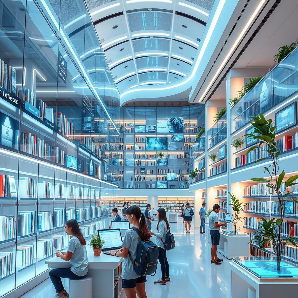 A futuristic digital library representing the future of education, featuring advanced technology and innovative design elements