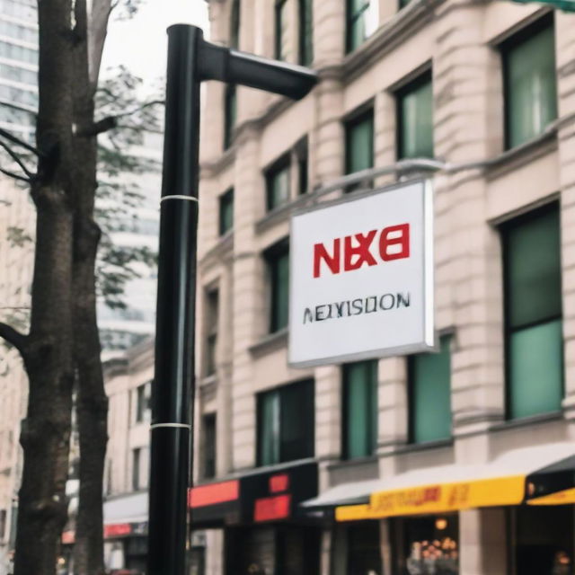 A prominent sign with the Nexvision brand logo hanging on a busy city street, marking the location of their clothing store.