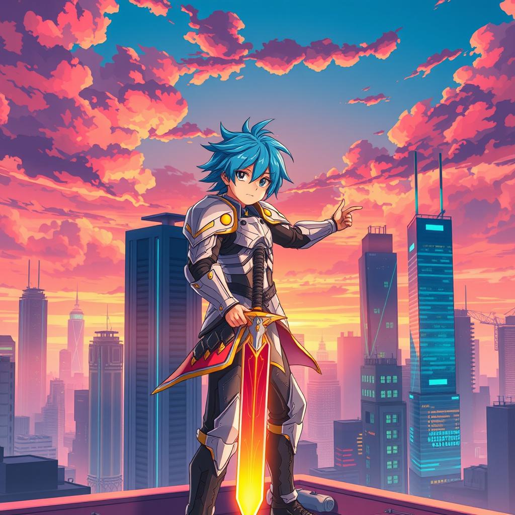 A vibrant anime-style scene featuring a heroic character standing on a rooftop at sunset