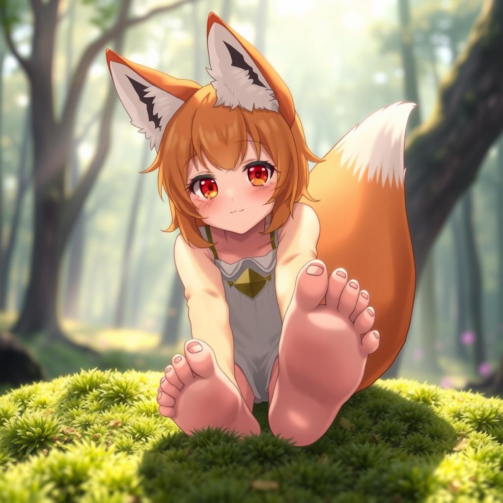 A beautiful 19-year-old anime-style fox girl with striking fox-like features, including vibrant orange and white fur, large ears, and a fluffy tail