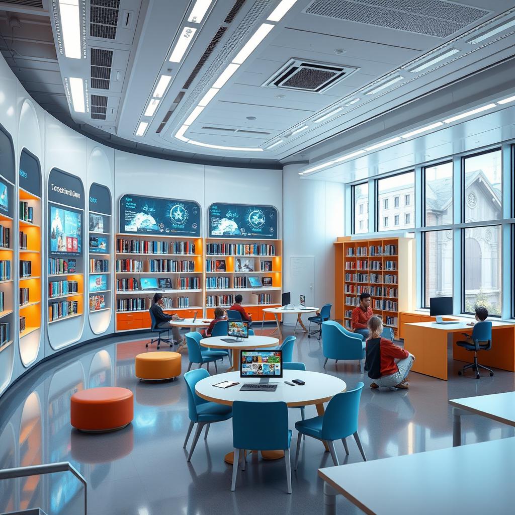 A futuristic digital library integrated within a modern classroom setting, showcasing the future of education