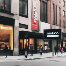 A prominent sign with the Nexvision brand logo hanging on a busy city street, marking the location of their clothing store.