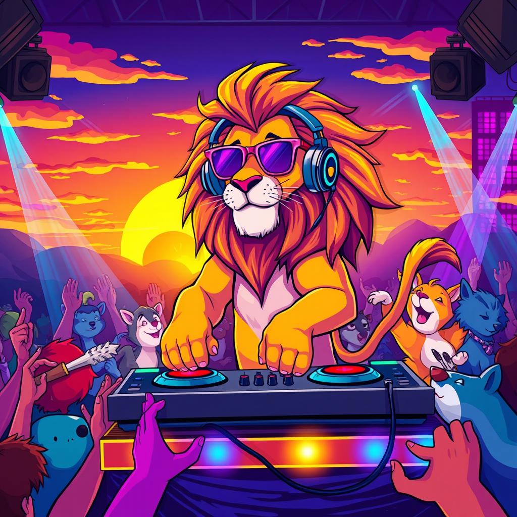 A vibrant and colorful illustration of a lion DJ, standing on a stage with turntables and mixing equipment, wearing stylish headphones and sunglasses