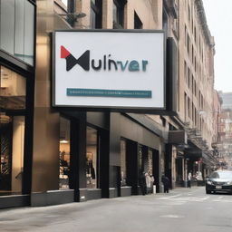 A prominent sign with the Nexvision brand logo hanging on a busy city street, marking the location of their clothing store.