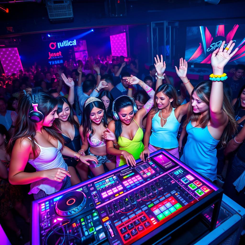 A dynamic scene featuring several party girls gathered around a DJ at an energetic event