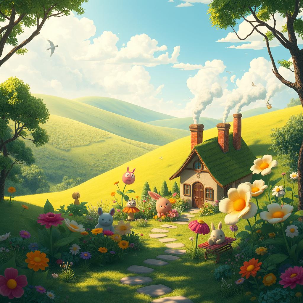 A stunning, whimsical landscape in the style of Studio Ghibli, featuring lush green hills, rolling clouds, and enchanting flora
