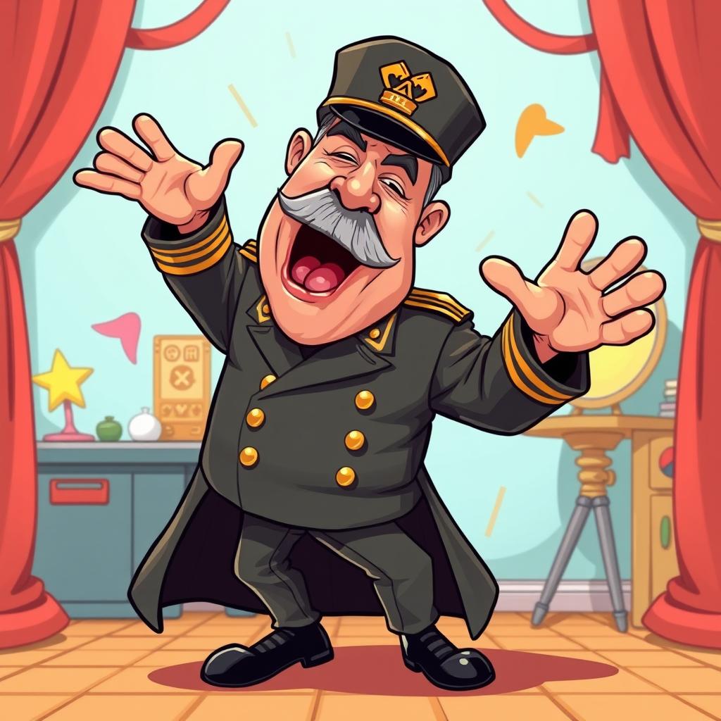 A cartoonish depiction of an exaggerated character resembling a historical dictator doing the dab dance move