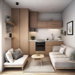 A small, well-designed bachelor's house with a seamless blend of functionality and comfort, incorporating a living area, a tiny kitchen, a cozy bedroom, and a neat bathroom.