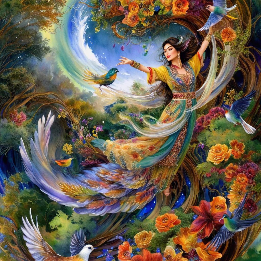 Mystical and spiritual watercolor painting of a beautiful Iranian woman in traditional dress suspended in the air in a swirl of multi-colored flowers, a maze of asymmetrical bonsai trees, a whirlwind of beautiful birds, and a forest of grapevines in a spectrum of green, yellow, and blue