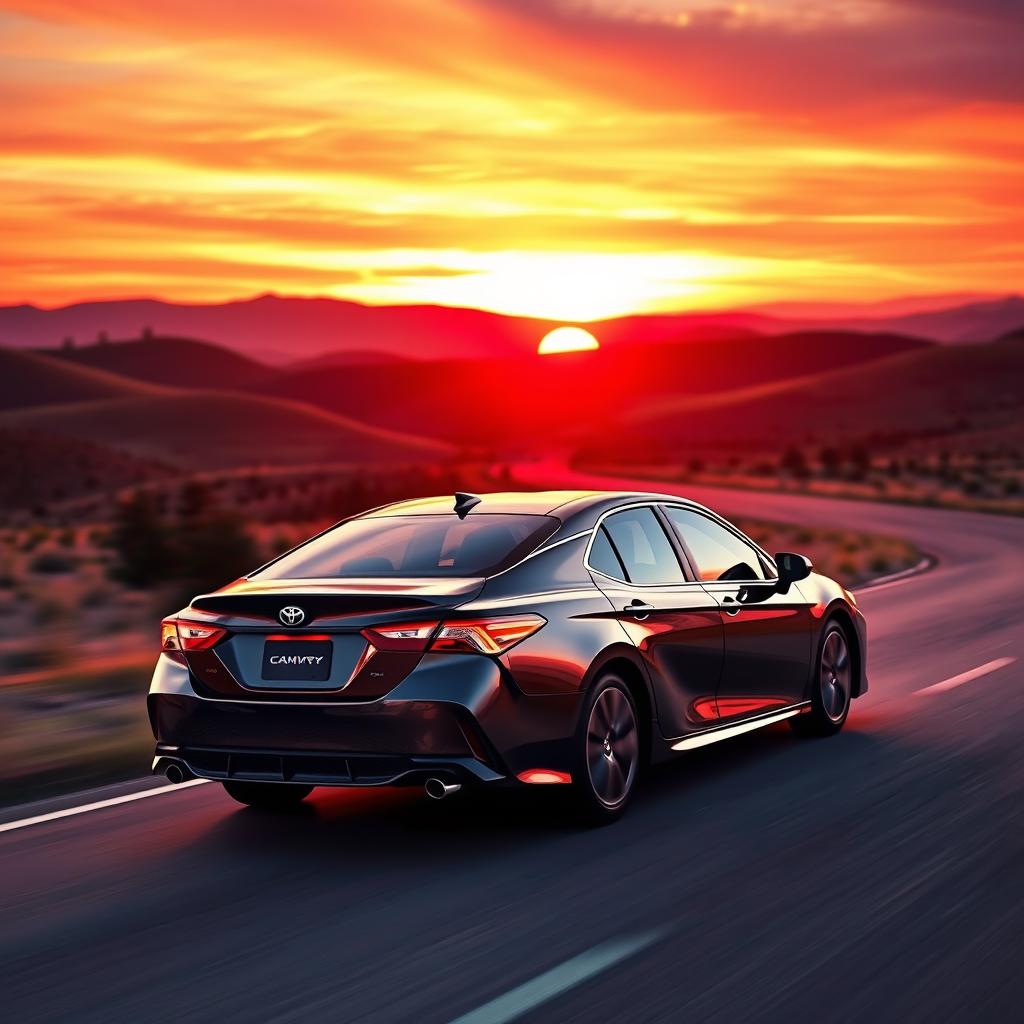 A beautiful Toyota Camry 40 driving off into a vibrant sunset