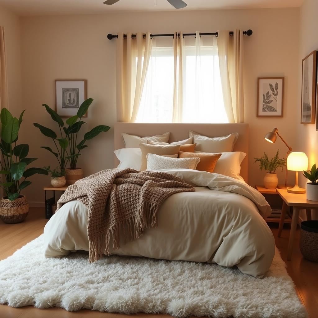 A cozy and inviting bedroom in a home, featuring warm and soft color tones such as beige, light brown, and soft pastels