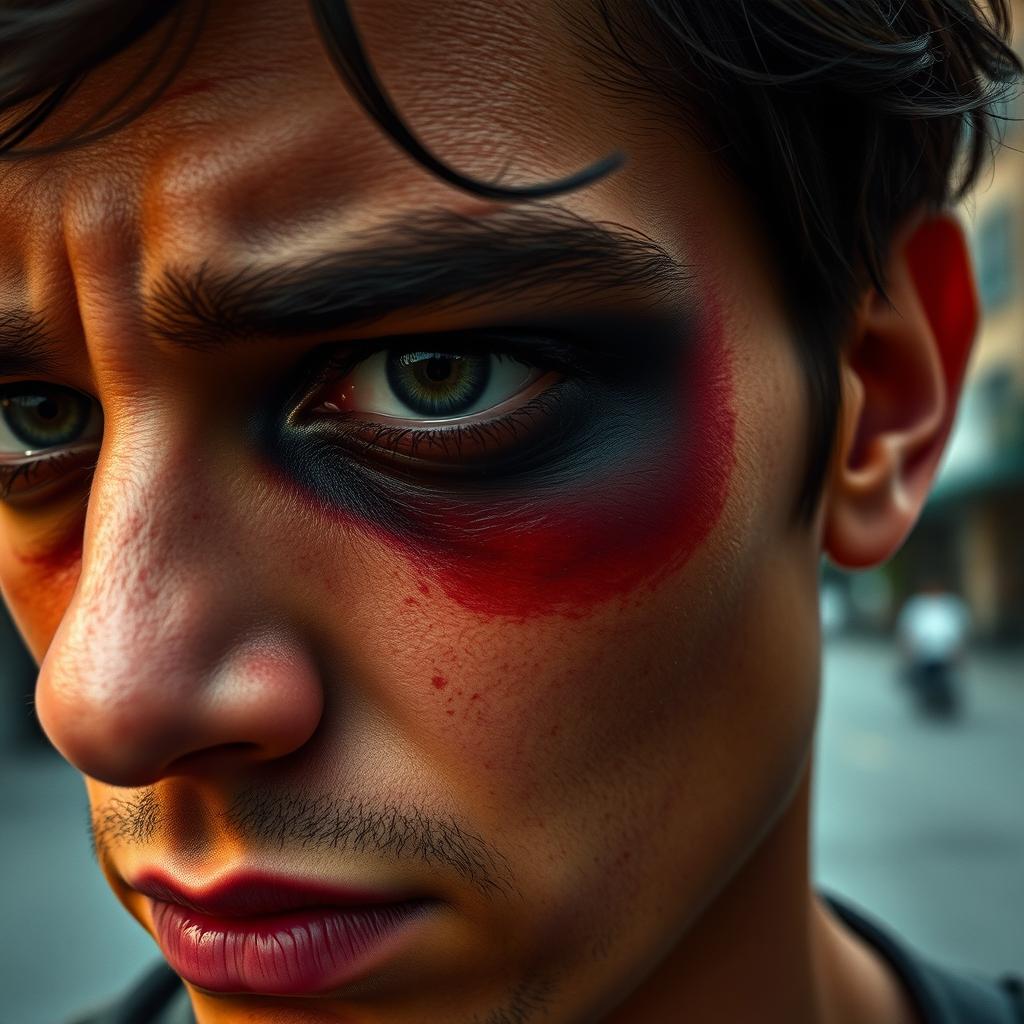 A close-up portrait of a person with a black eye and a serious expression, conveying the emotion of pain or hurt