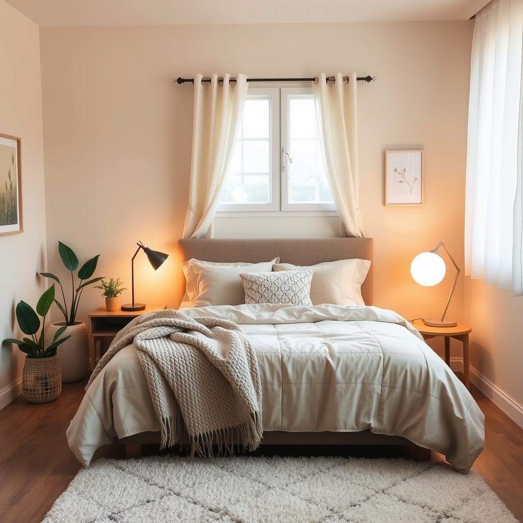 A cozy and inviting bedroom in a home, featuring warm and soft color tones such as beige, light brown, and soft pastels