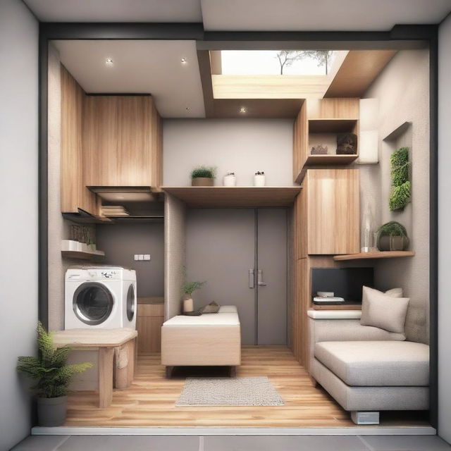 A small, well-designed bachelor's house with a seamless blend of functionality and comfort, incorporating a living area, a tiny kitchen, a cozy bedroom, and a neat bathroom.