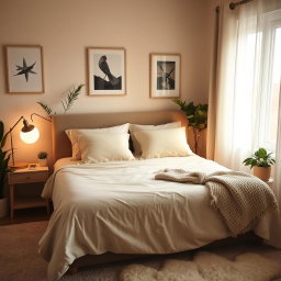 A cozy and inviting bedroom in a home, showcasing warm soft color tones such as beige and light browns