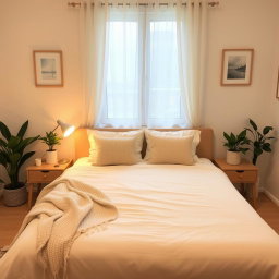 A cozy and inviting bedroom in a home, showcasing warm soft color tones such as beige and light browns