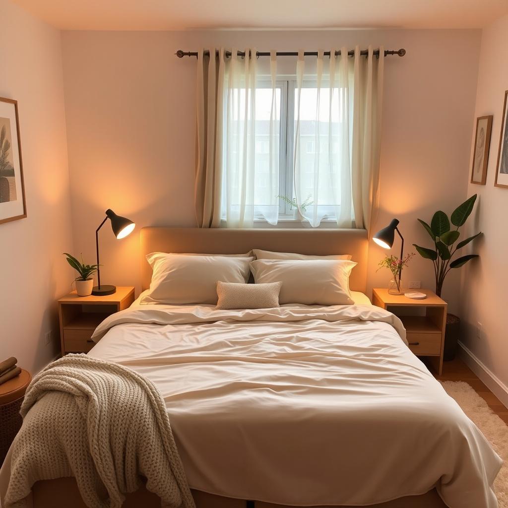A cozy and inviting bedroom in a home, showcasing warm soft color tones such as beige and light browns