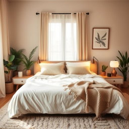 A cozy and inviting bedroom in a home, showcasing warm soft color tones such as beige and light browns