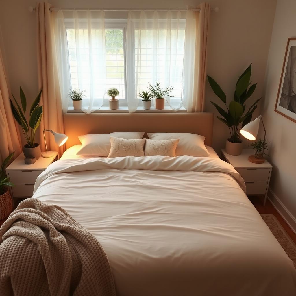 A cozy and inviting bedroom in a home, featuring warm soft color tones such as beige and light browns