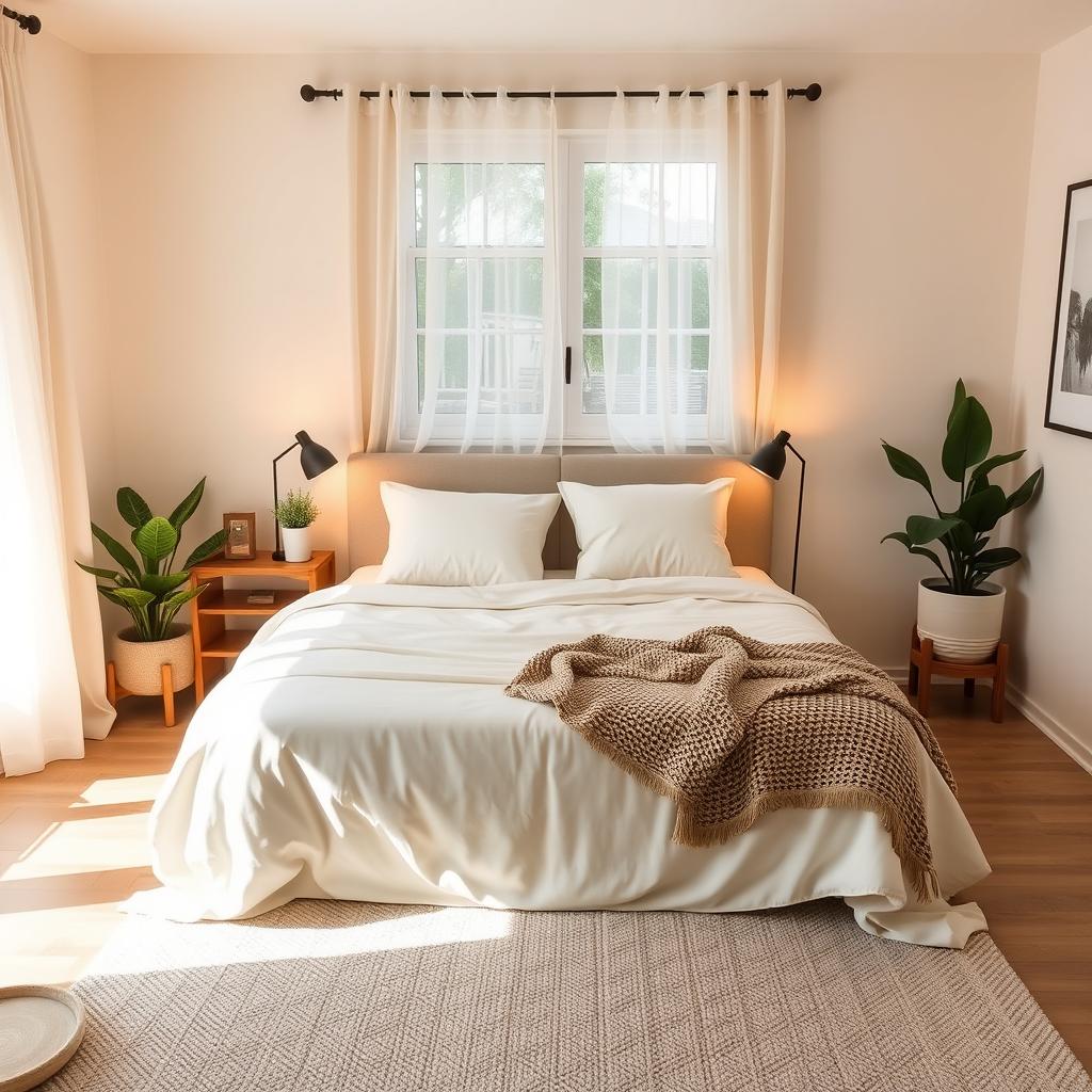 A cozy and inviting bedroom in a home, showcasing warm color tones such as soft beige and light cream