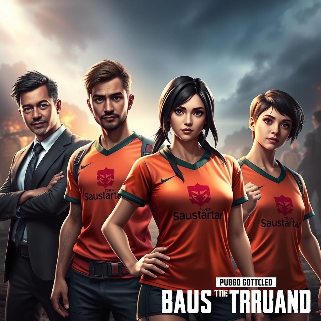 Four PUBG characters, three male and one female, in a vibrant and action-packed scene