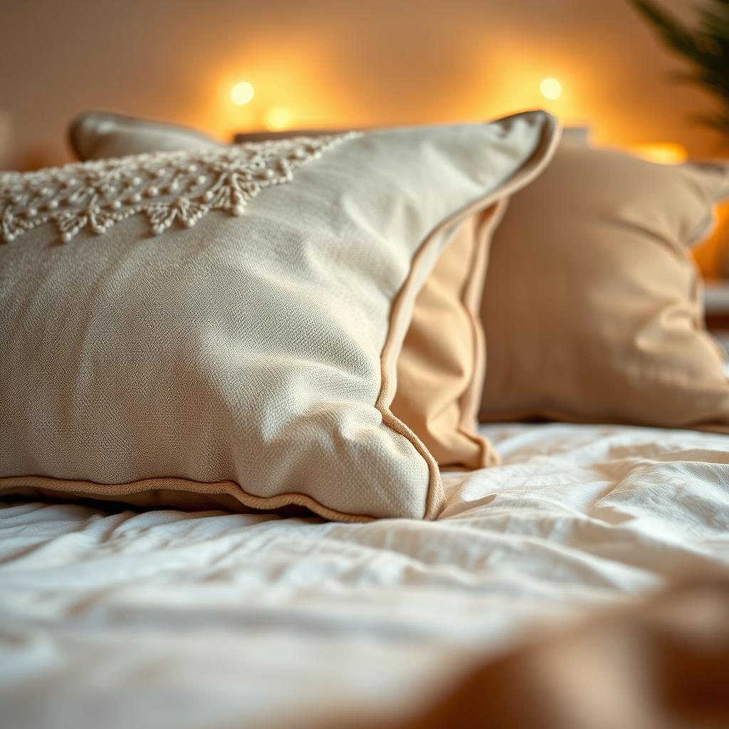 A close-up view of a cozy and inviting bed in a home, focusing on a few decorative pillows