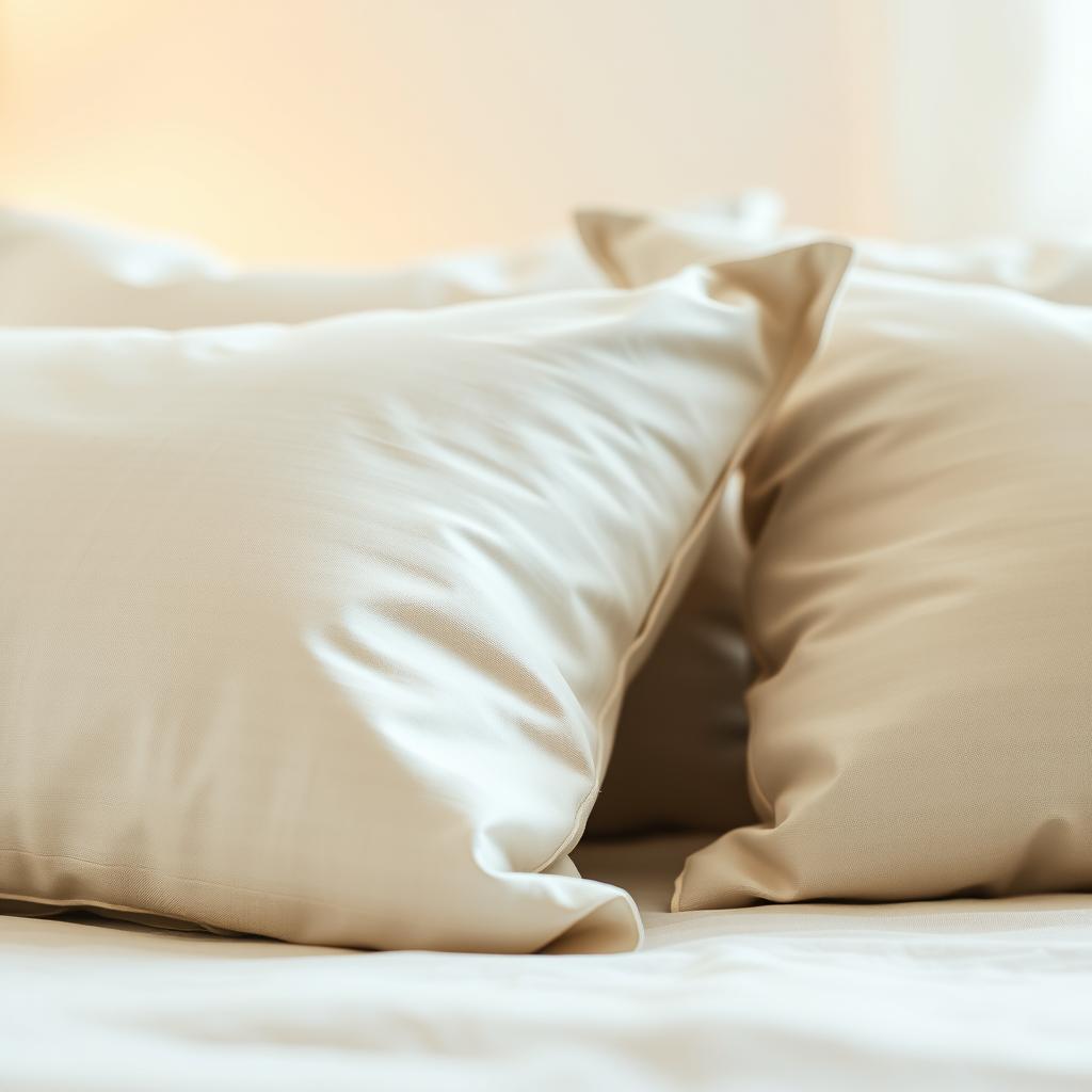 A close-up view of smooth, decorative pillows arranged on a neatly made bed