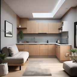 A small, well-designed bachelor's house with a seamless blend of functionality and comfort, incorporating a living area, a tiny kitchen, a cozy bedroom, and a neat bathroom.