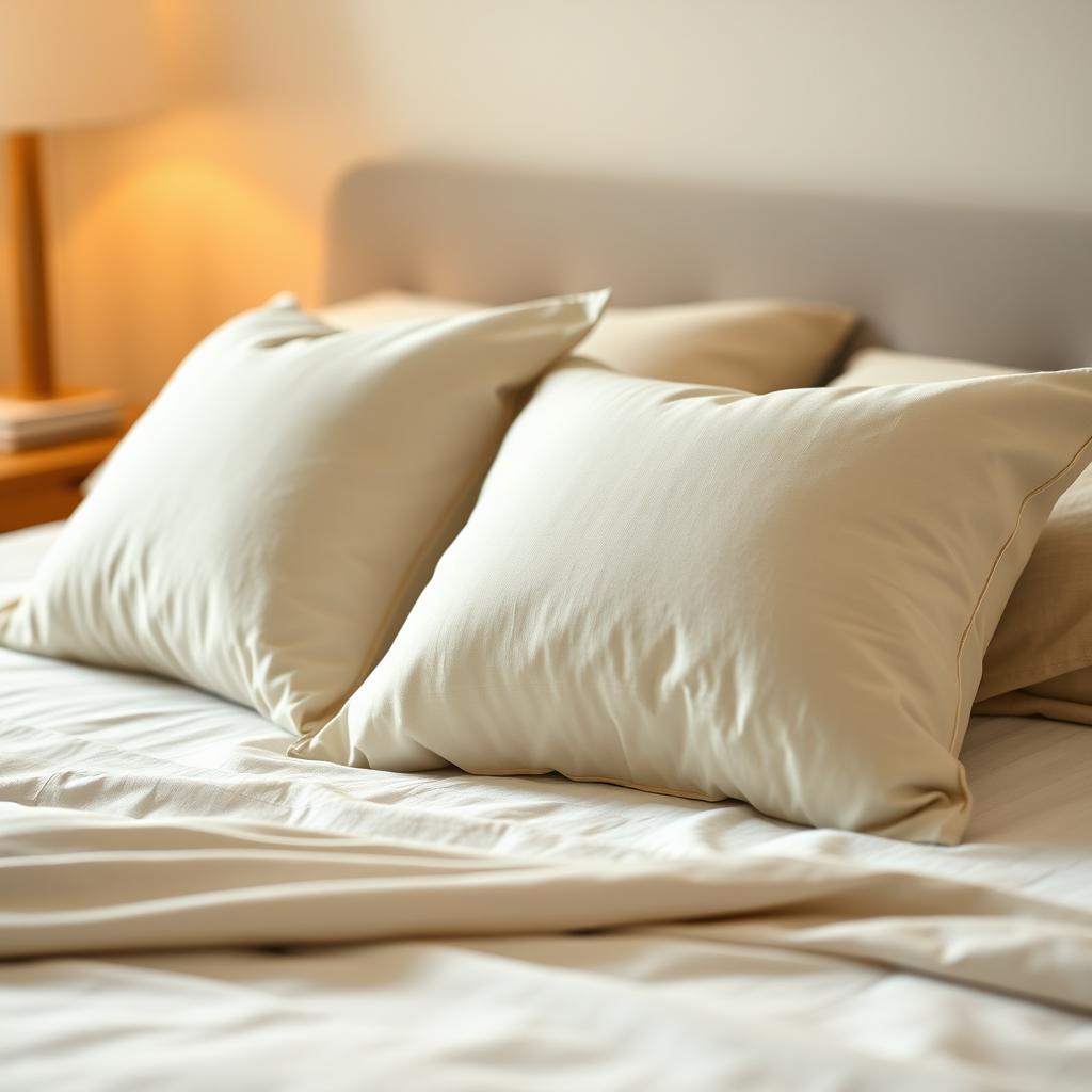 A close-up view of a cozy bedroom featuring two smooth, decorative pillows placed perfectly on a neatly made bed