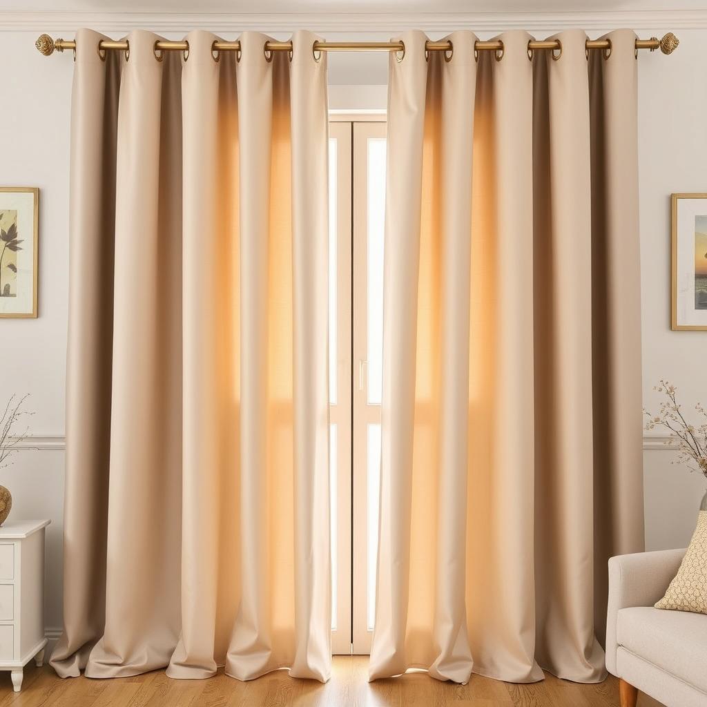 A full view of a cozy home interior featuring smooth, elegant curtains with eyelets (ojetes) hanging gracefully from a stylish curtain rod