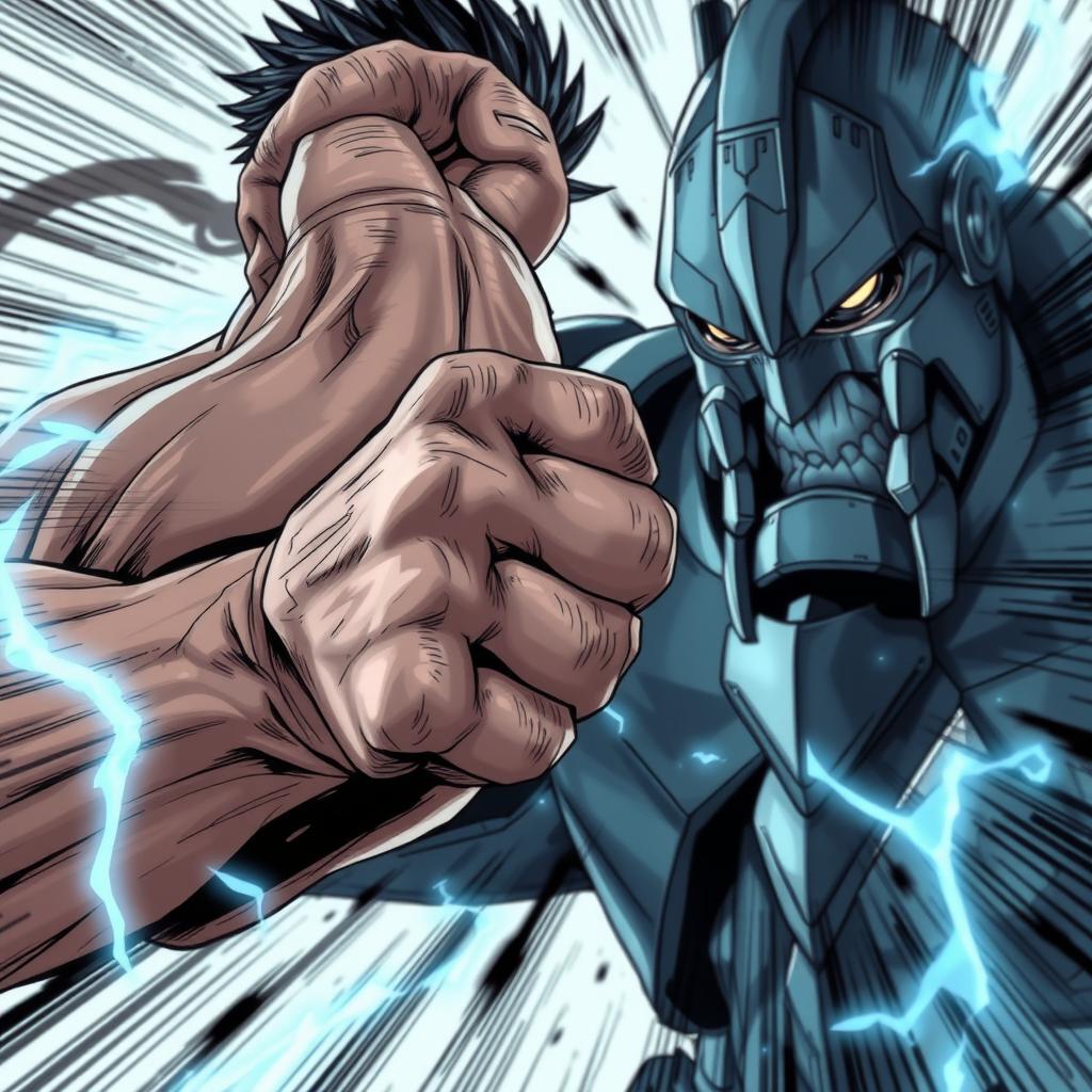 A close-up of Kudiru in a tense battle stance, his arm trembling violently as mana surges through his bones