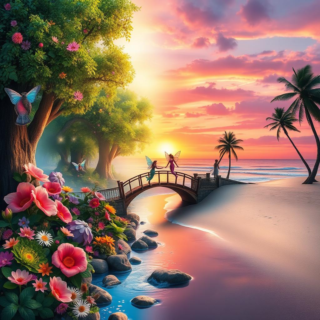 A stunning fantasy landscape combining elements from two distinct images: on one side, a lush, enchanted forest filled with vibrant, oversized flowers, sparkling streams, and birds fluttering through the trees, creating a magical atmosphere