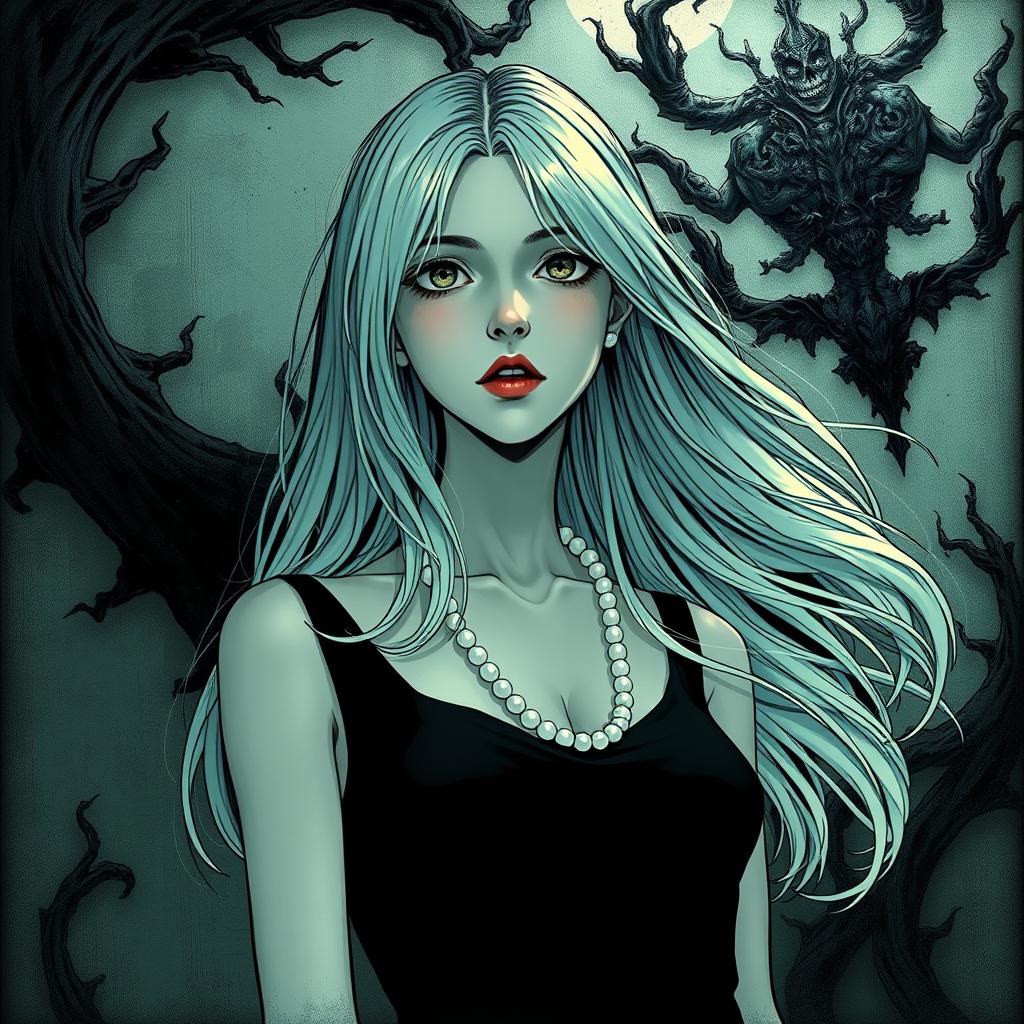 In the distinct style of Junji Ito, a captivating scene featuring a Caucasian girl in her mid-20s