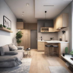 A small, well-designed bachelor's house with a seamless blend of functionality and comfort, incorporating a living area, a tiny kitchen, a cozy bedroom, and a neat bathroom.