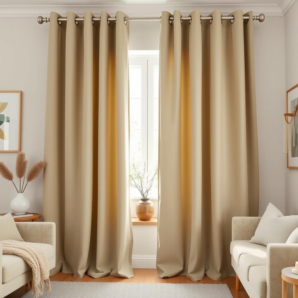 A complete view of a beautifully styled room featuring smooth, matte curtains with eyelets (ojetes)