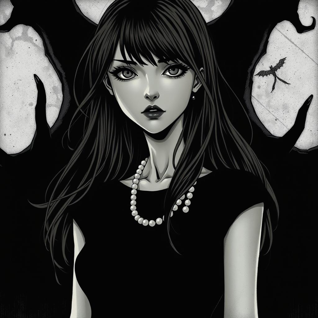 In the haunting style of Junji Ito, depict a Caucasian girl in her mid-20s with long, flowing brown hair