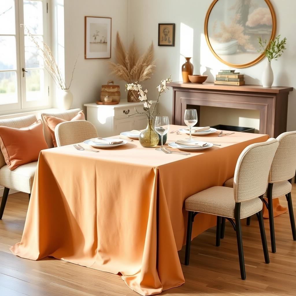 A beautifully arranged dining room featuring a smooth, solid-colored tablecloth (mantel) draping elegantly over a cozy dining table