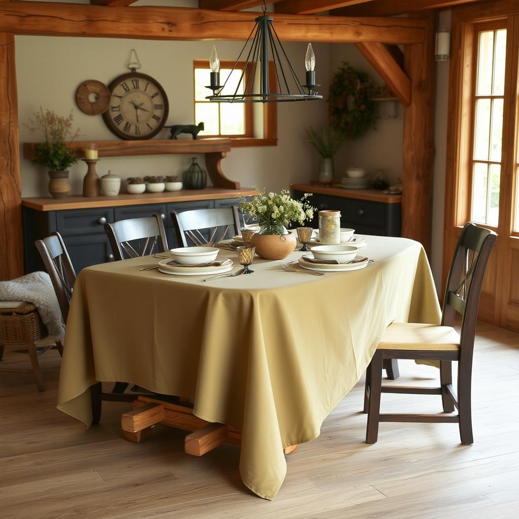 A beautifully arranged rustic dining room featuring a smooth, solid-colored tablecloth (mantel) draped elegantly over a sturdy wooden table