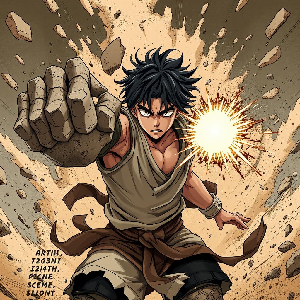 A muscular young warrior with messy dark hair, wearing a tattered sleeveless gi and hand wraps, charges forward in battle