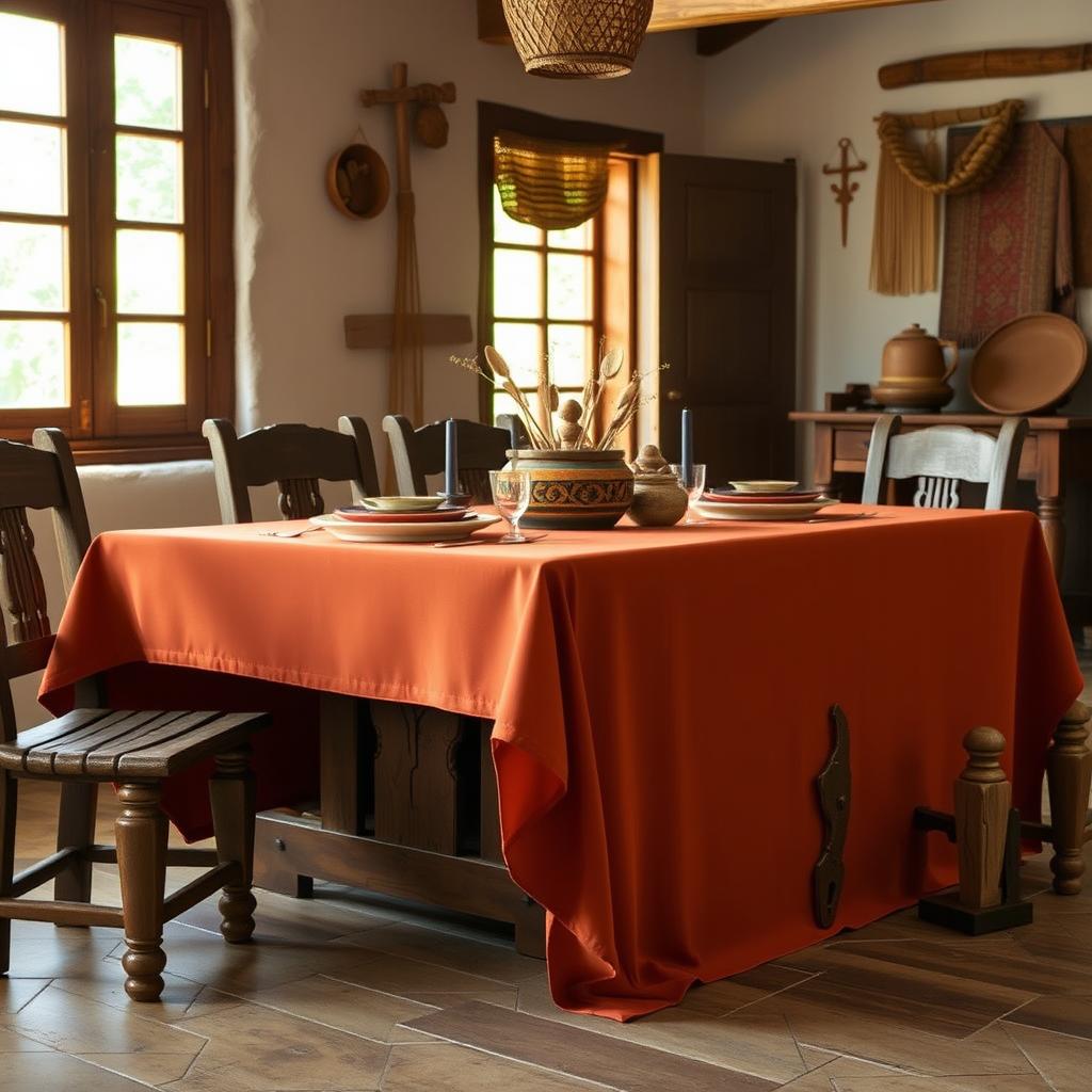 A charming rustic dining room scene featuring a smooth, solid-colored tablecloth (mantel) draped elegantly over a robust wooden table