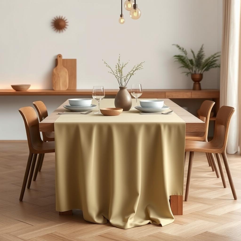 A stylish minimalistic dining room showcasing a smooth, solid-colored tablecloth (mantel) elegantly draped over a sleek wooden table