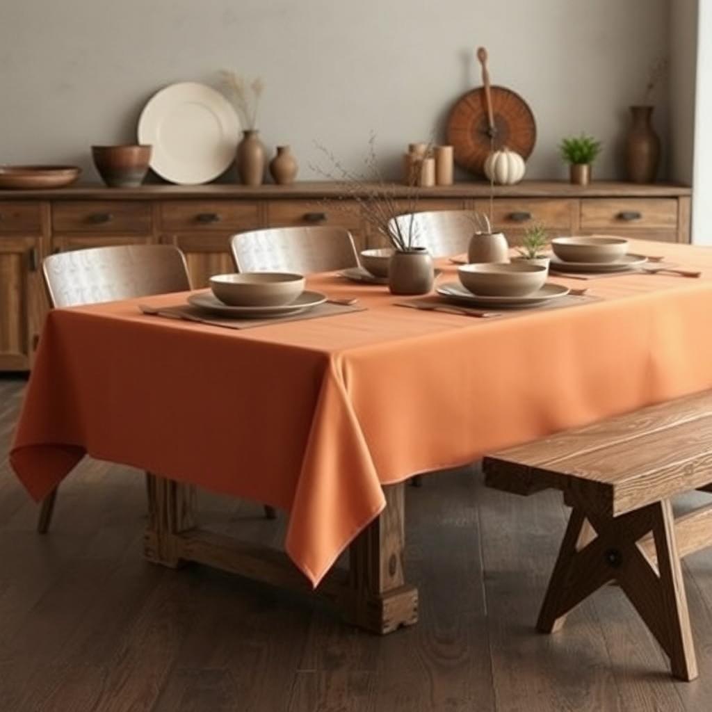An elegant setup of a rustic dining room showcasing a smooth, solid-colored tablecloth (mantel) that fits perfectly tailored over a sleek, rustic wooden table