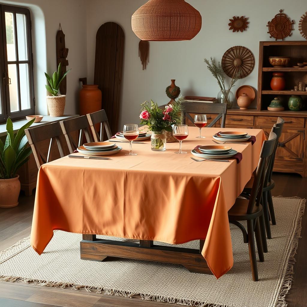 A beautifully arranged rustic dining room featuring a smooth, solid-colored tablecloth (mantel) that fits perfectly tailored over a sturdy wooden table
