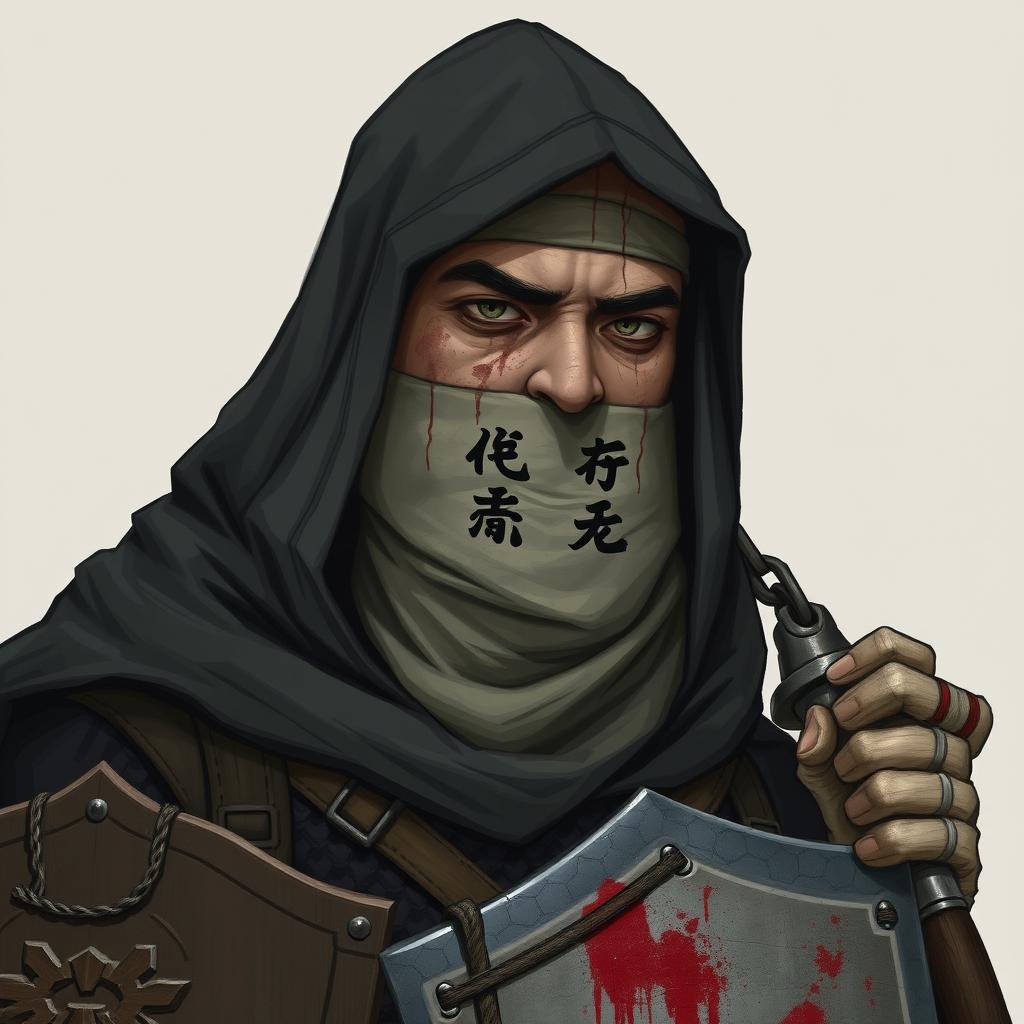 A full-height character dressed in black garments with a cloak and hood covering their head, chainmail visible under the attire
