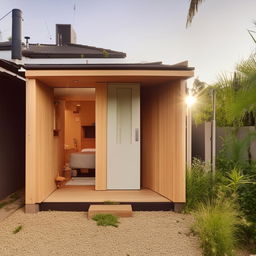 A compact bachelor's house, designed with simplicity but fully equipped with essentials such as a comfortable living area, a functional kitchen, a cozy bedroom, and a clean bathroom.