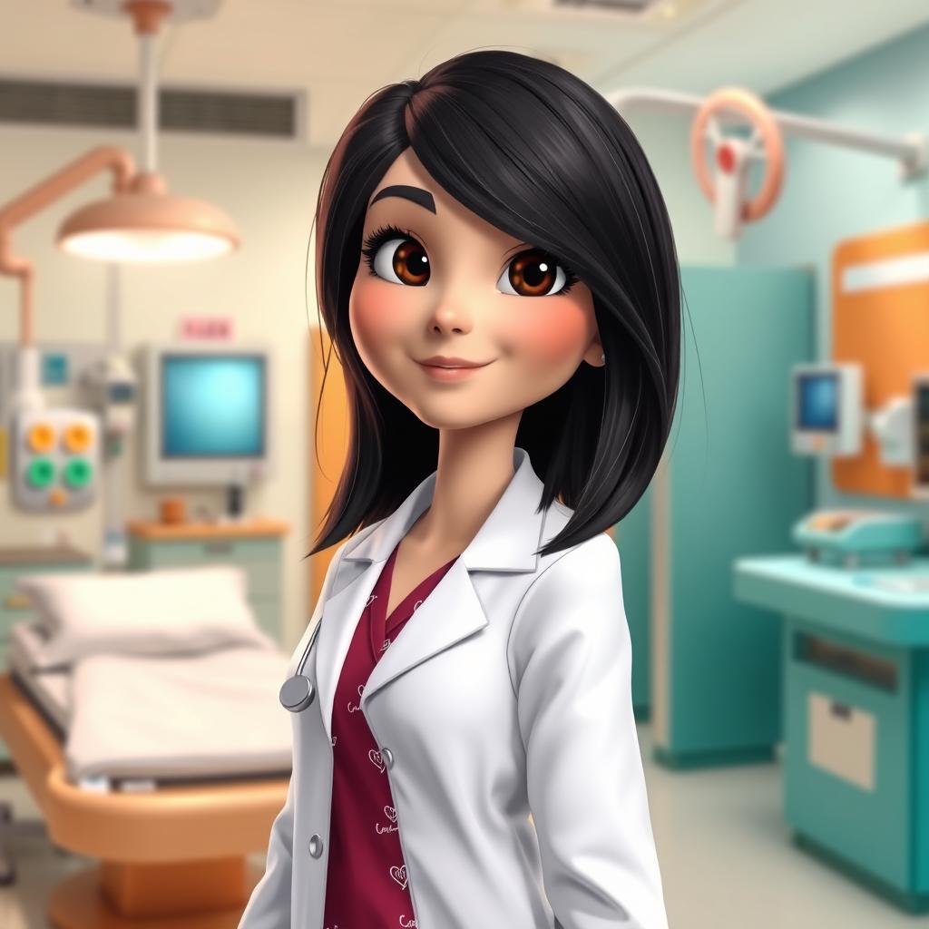 A beautiful quality nurse inspired by Pixar, featuring shoulder-length black hair, dark eyes, lovely eyelashes, wearing a white lab coat over a burgundy pajama set