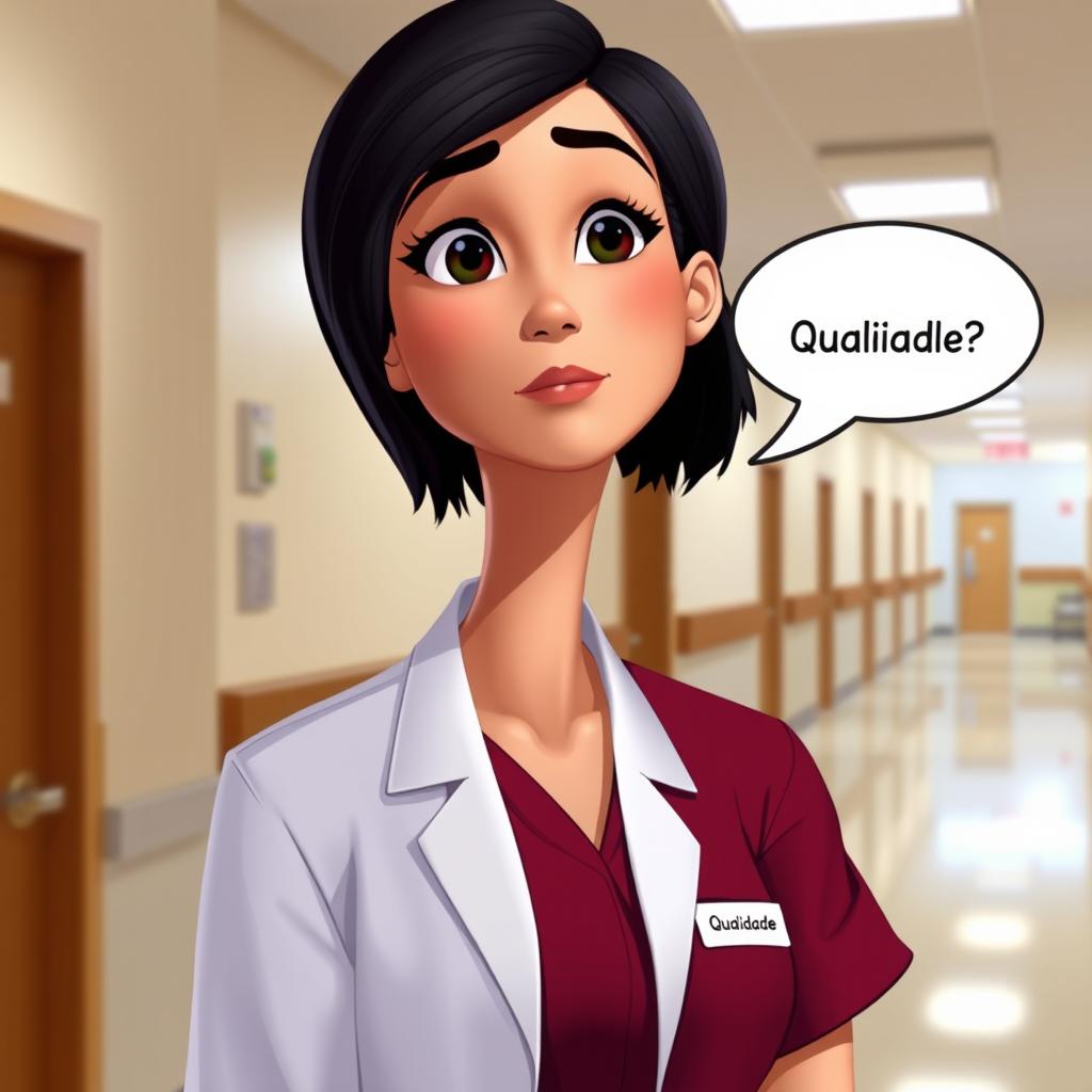 A beautiful nurse inspired by Pixar, wearing a white coat over burgundy pajamas, with a name tag that says 'Qualidade'